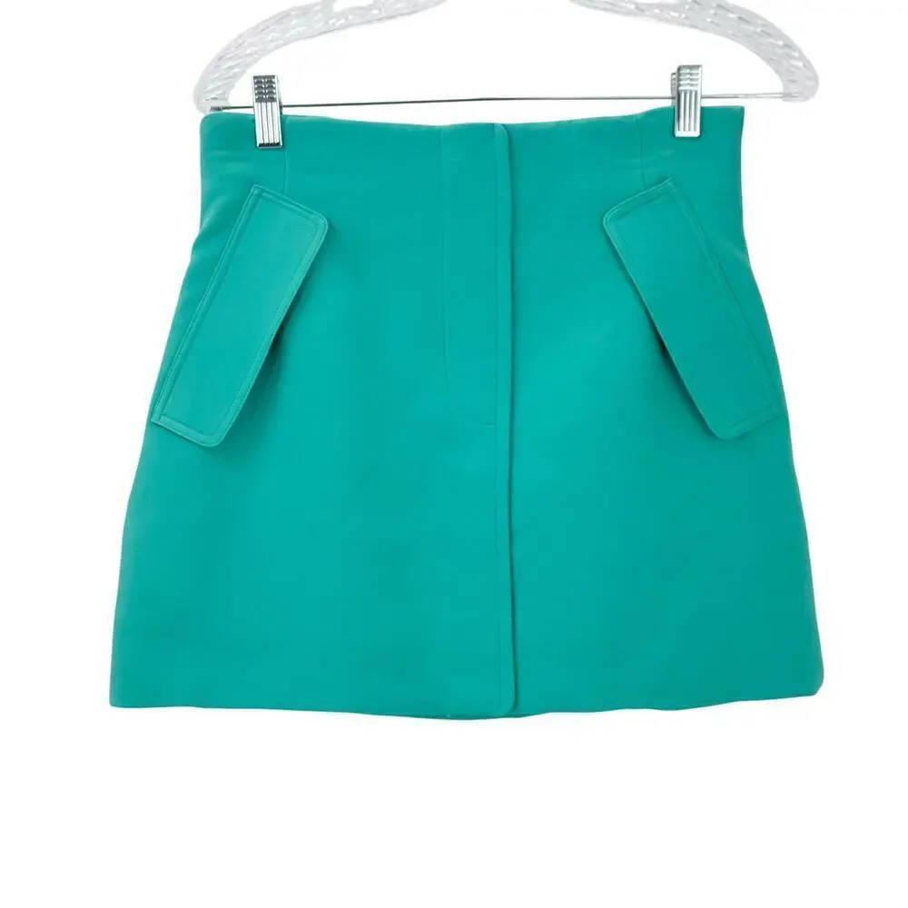 AKNVAS Cherry A-Line Mini Skirt Teal Faux Pockets Lined Back Zip Size 4 NWT